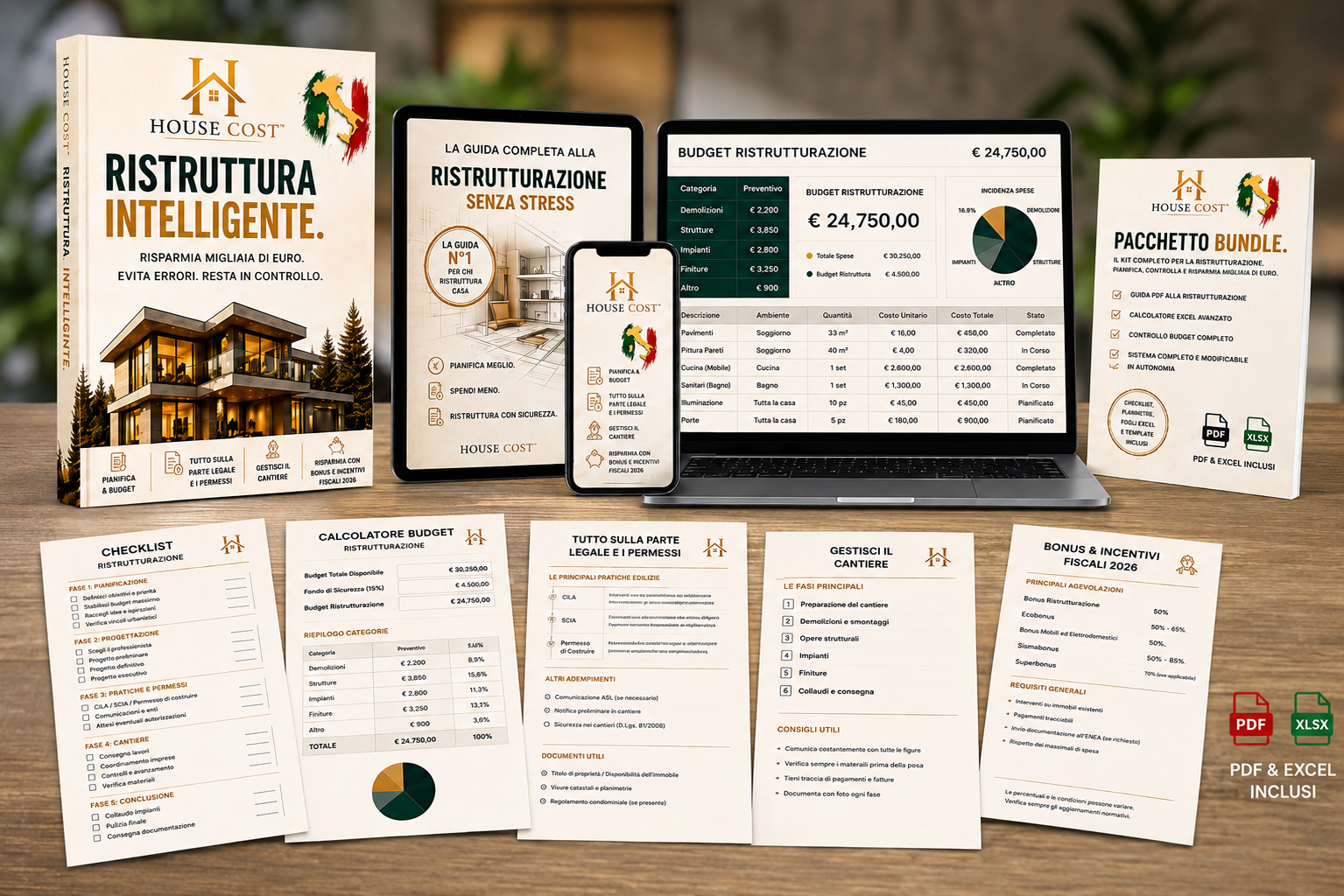 Pacchetto Bundle House Cost — Guida PDF, Calcolatore Excel, Checklist e template